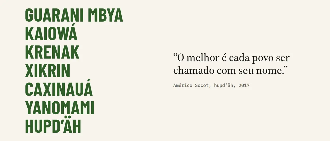 Os nomes de sete povos em letras verdes — guarani mbya, kaiowá, krenak, xikrin, caxinauá, yanomami, hupd’äh — e a frase de Américo Socot: “O melhor é cada povo ser chamado com seu nome.”