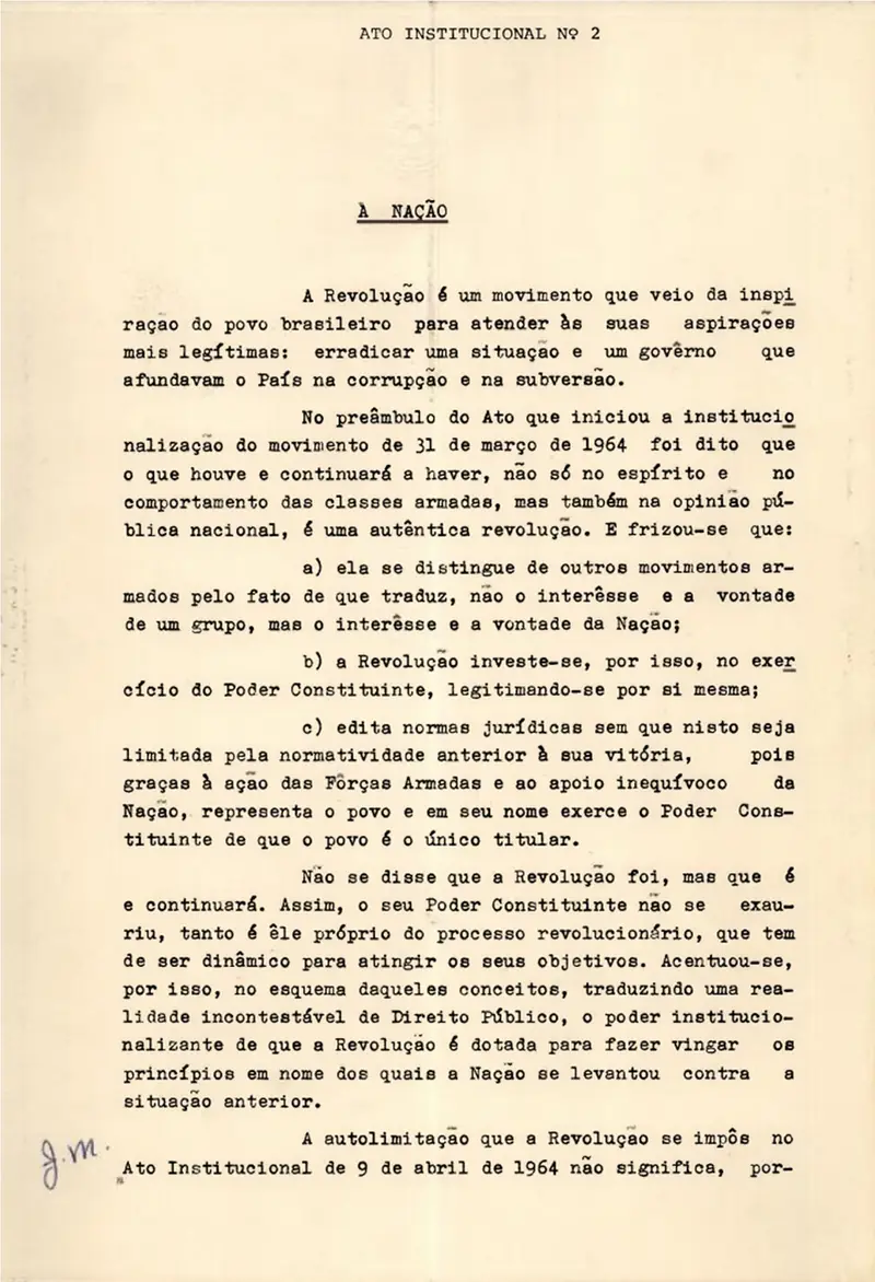 Primeira folha do original datilografado do Ato Institucional nº 2, de 27 de outubro de 1965