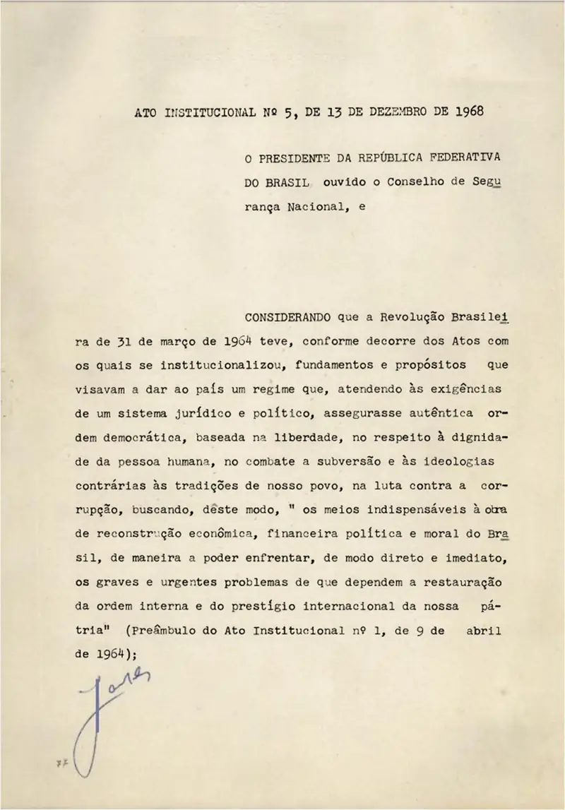 Primeira folha do original datilografado do Ato Institucional nº 5, de 13 de dezembro de 1968