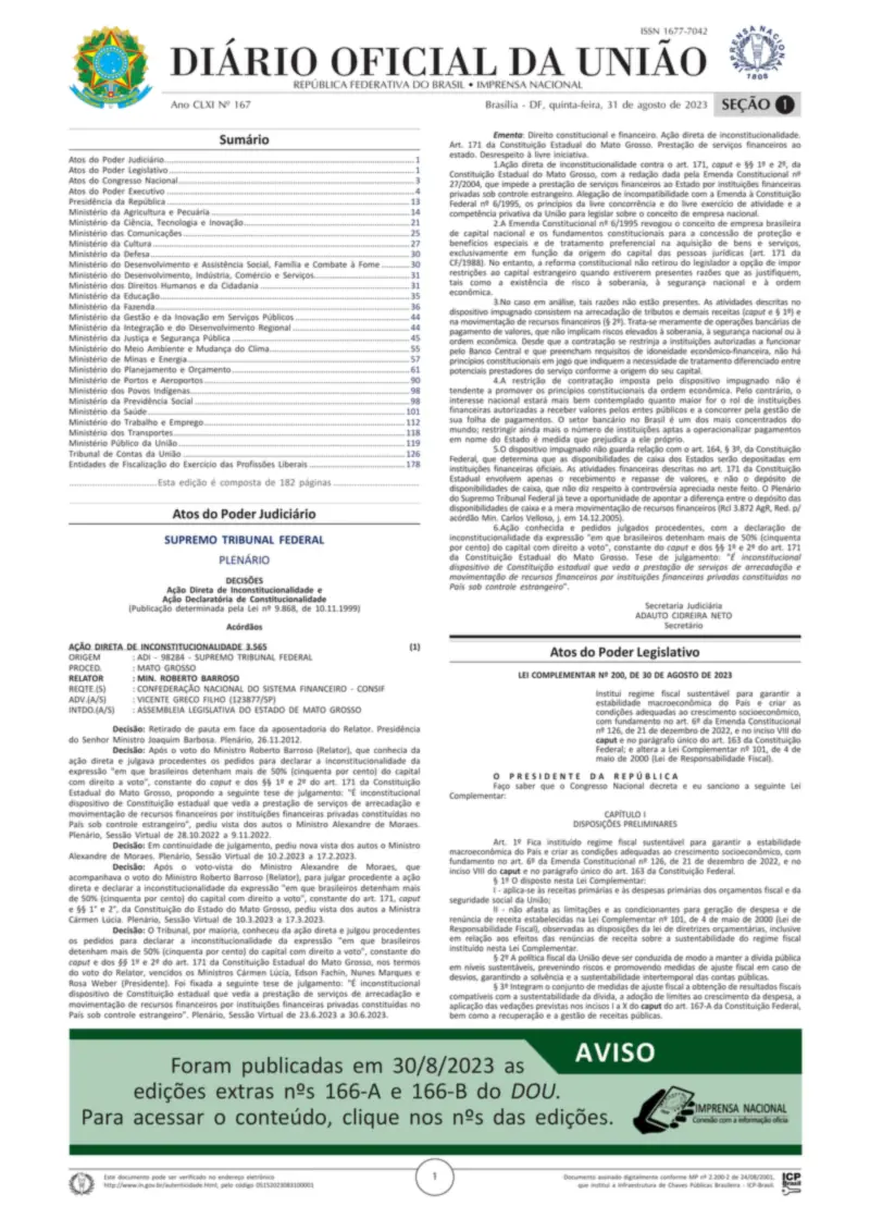 Diário Oficial da União de 31/08/2023, Seção 1, p. 1, com a Lei Complementar 200, o arcabouço fiscal