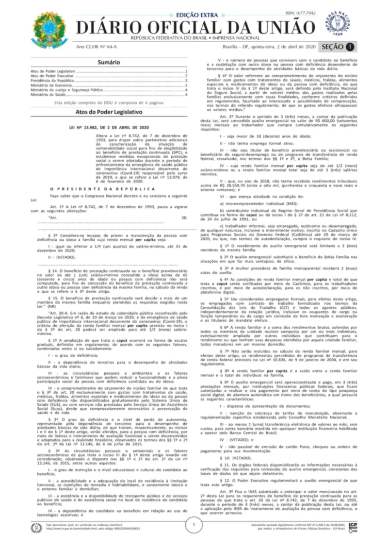Diário Oficial da União de 02/04/2020, edição extra, Seção 1, p. 1, com a Lei 13.982, que criou o auxílio emergencial
