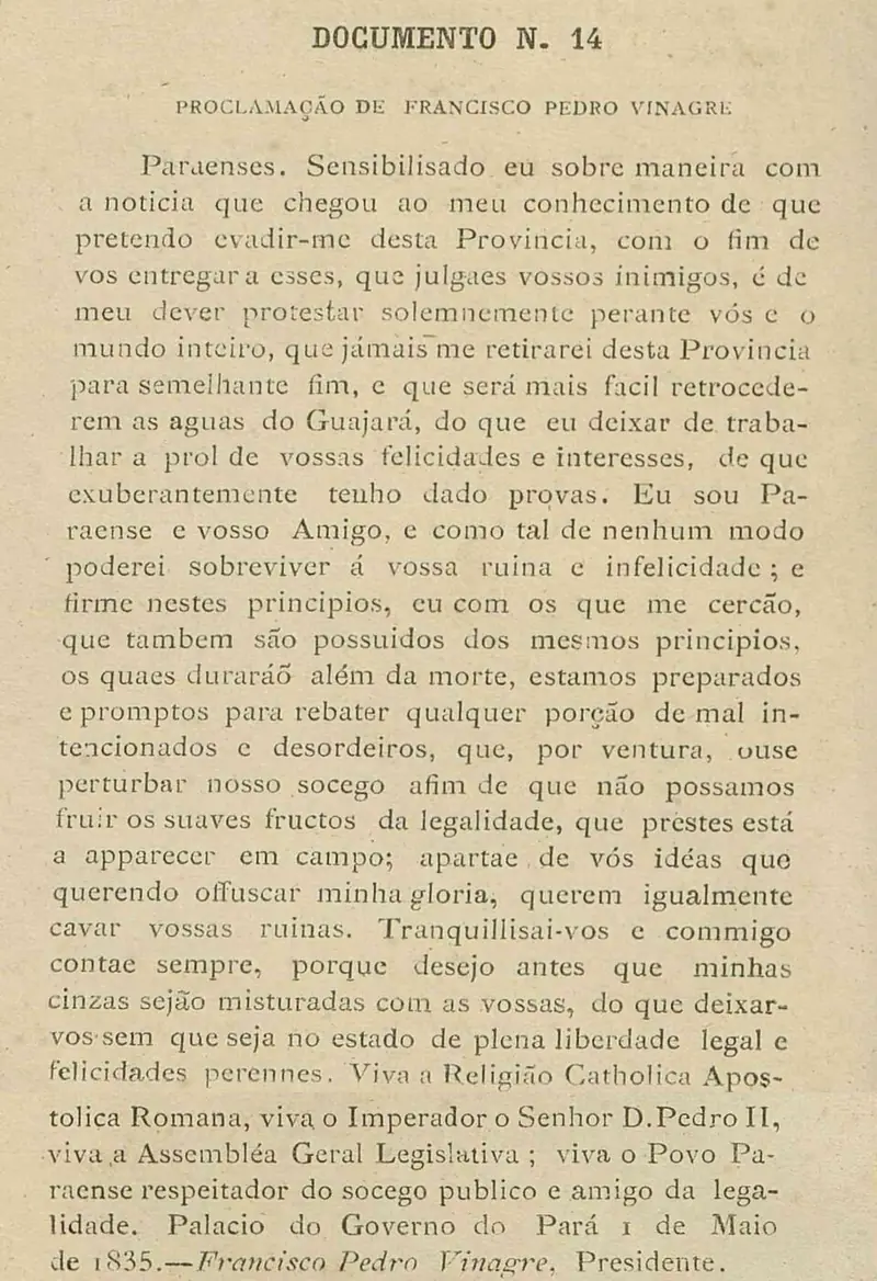 Documento do governo cabano assinado por Francisco Pedro Vinagre, 1º de maio de 1835