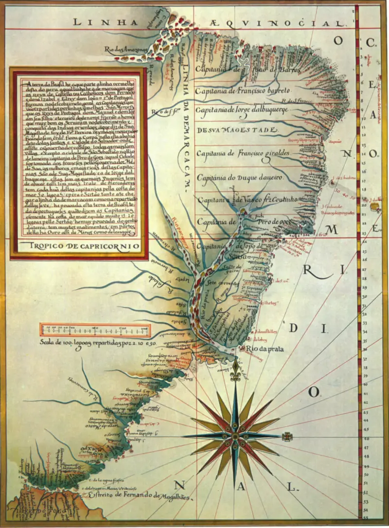 Mapa de Luís Teixeira (c. 1574) com a costa dividida em capitanias, da linha de Tordesilhas ao mar