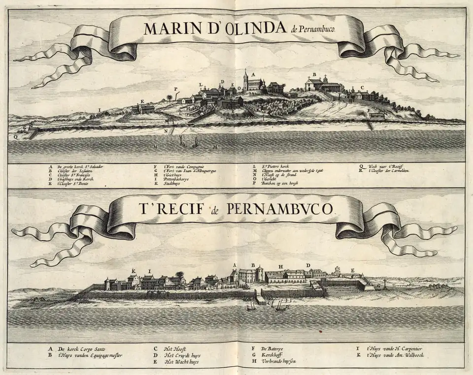 Vistas de Olinda e do Recife, gravura holandesa de c. 1644