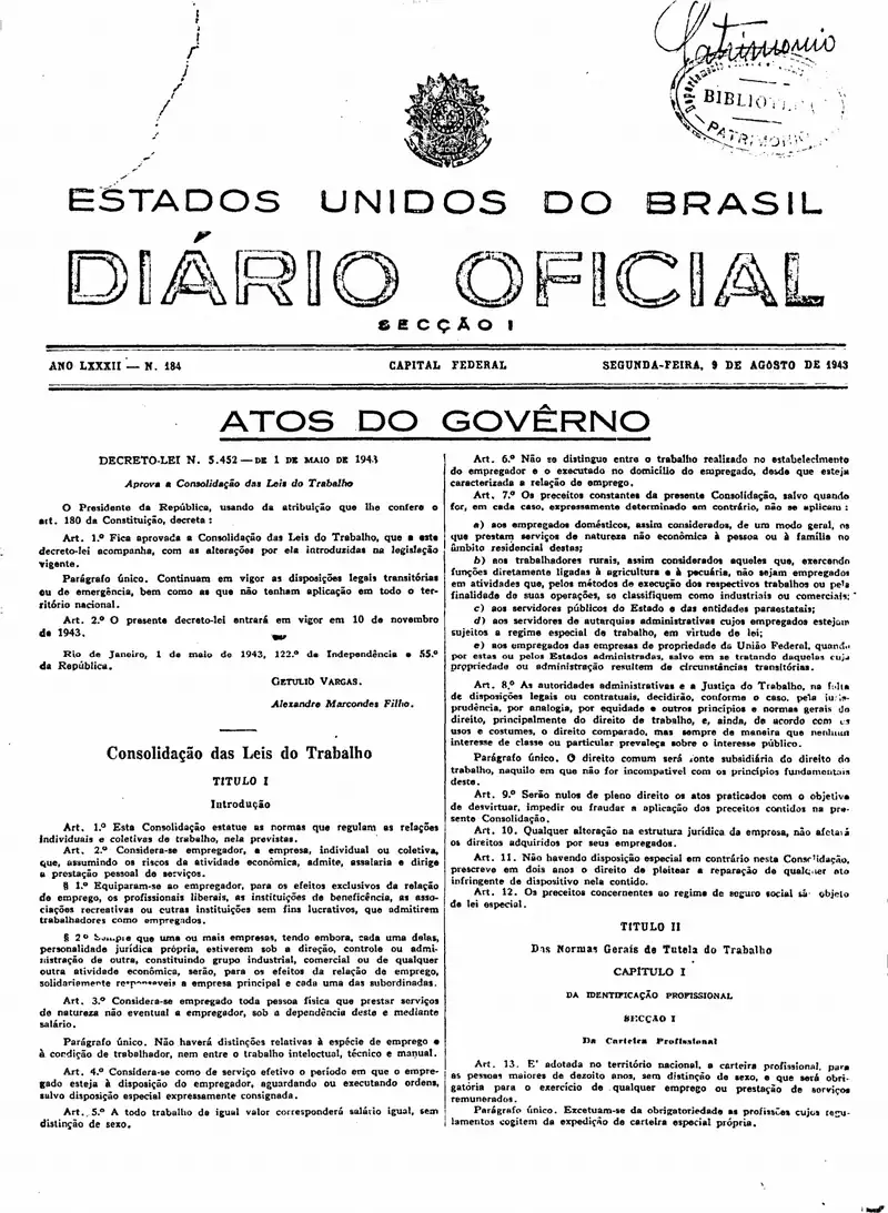 Página 11.937 do Diário Oficial de 9 de agosto de 1943, com o Decreto-Lei nº 5.452 que aprova a CLT