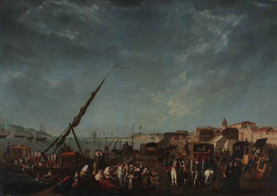 “Embarque da família real para o Brasil”, atribuído a Nicolas-Louis-Albert Delerive: a partida de Lisboa em 29/11/1807