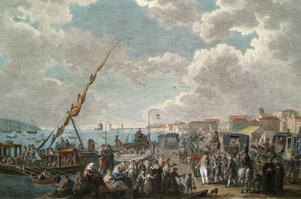 “Partida do príncipe regente de Portugal para o Brasil”, gravura inglesa de 1812
