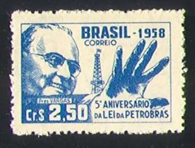 Selo de 1958 pelo 5º aniversário da Lei da Petrobras, com Getúlio Vargas