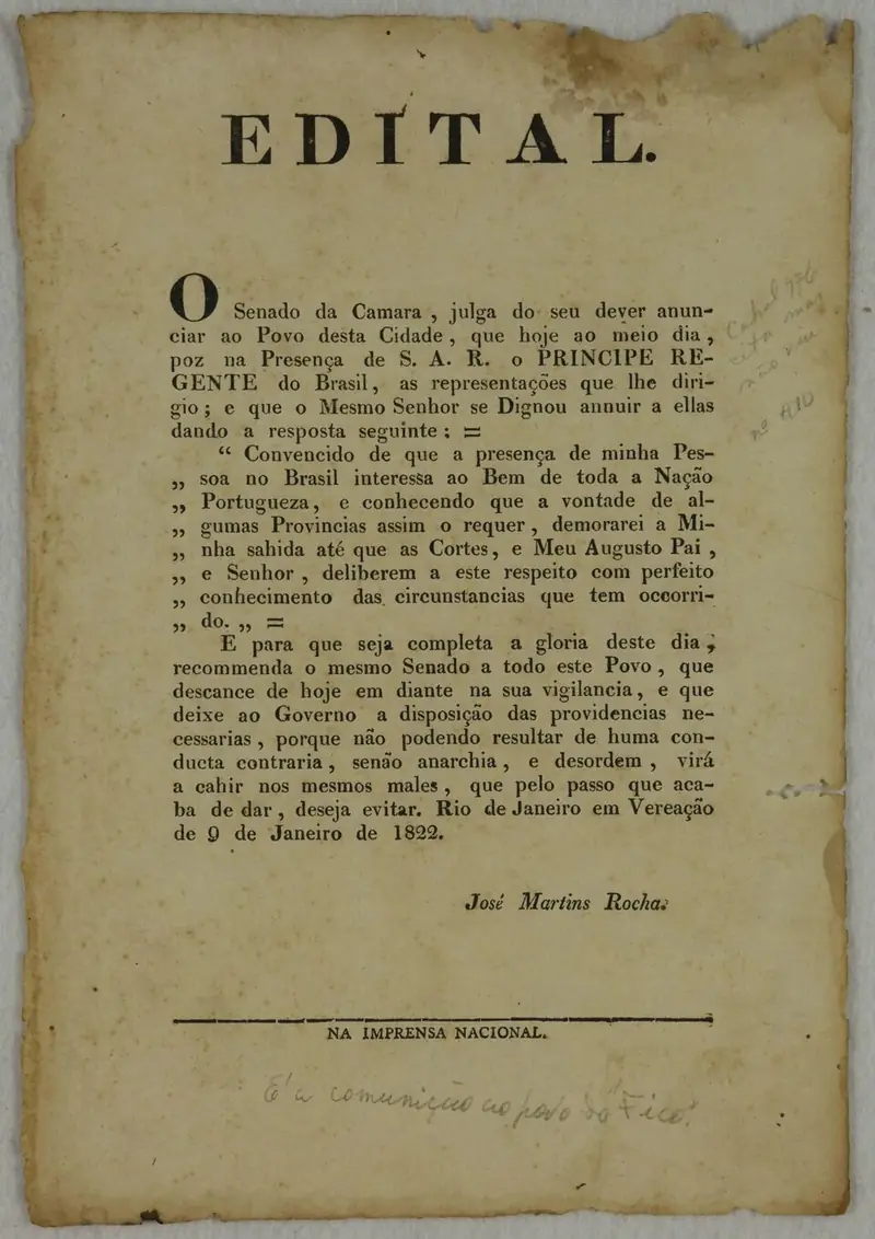 Edital do Senado da Câmara do Rio de Janeiro, 9 de janeiro de 1822, que anuncia ao povo a resposta do príncipe regente