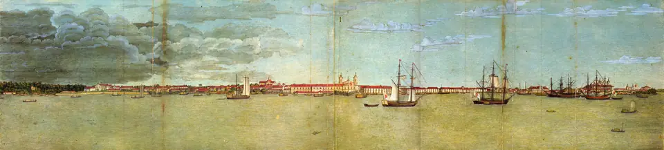 Prospecto da cidade de Santa Maria de Belém do Grão-Pará, sede do governo que baixou o Diretório, desenho de Joaquim José Codina, 20 de maio de 1784