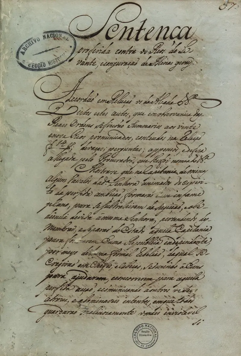A sentença contra os réus da Conjuração Mineira, nos Autos da Devassa (18/04/1792)