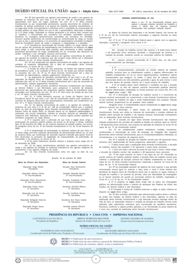 Diário Oficial da União de 16/10/2026, edição extra 196-A, Seção 1, p. 2, com a Emenda Constitucional nº 141 (jornada de 40 horas e duas folgas semanais)