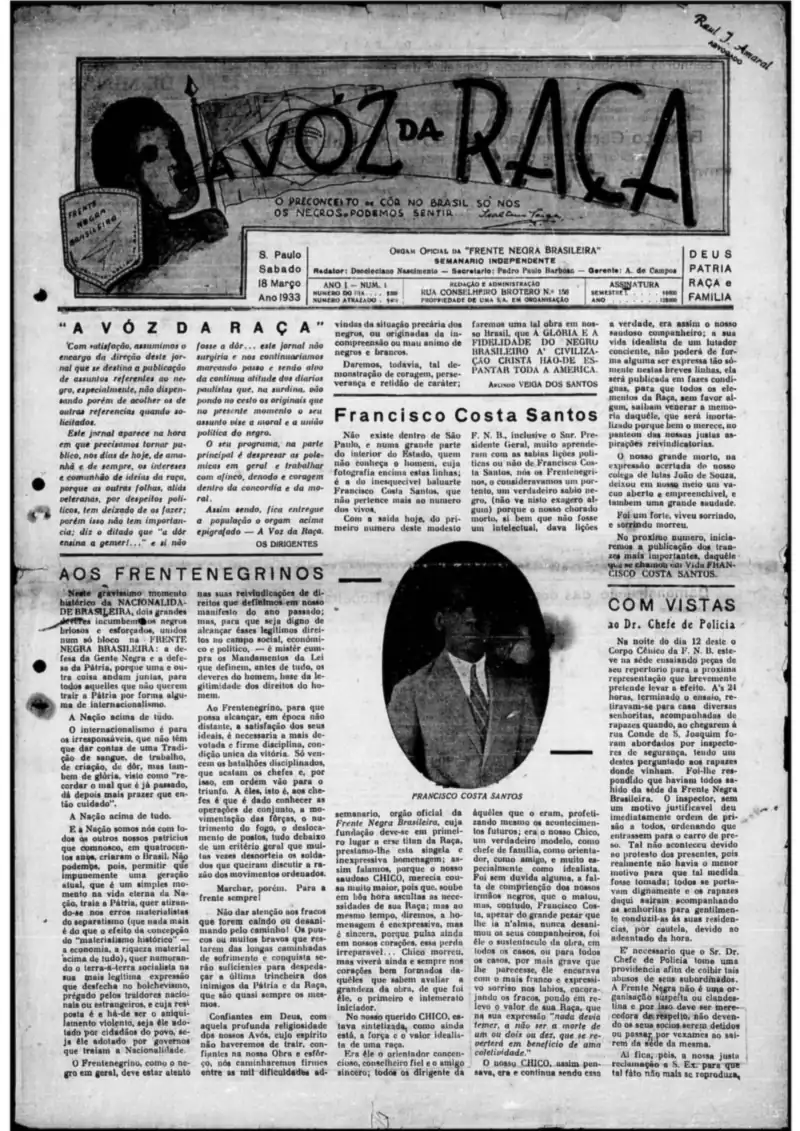 A Voz da Raça, órgão oficial da Frente Negra Brasileira, primeira edição, São Paulo, 18 de março de 1933