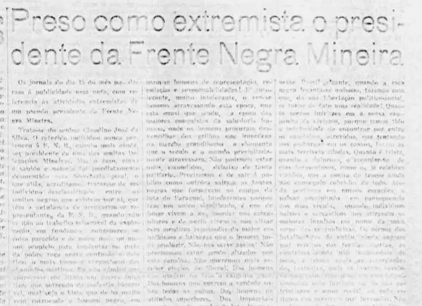 Manchete da edição 52 de A Voz da Raça (abril de 1936) sobre a prisão de um dirigente da Frente Negra