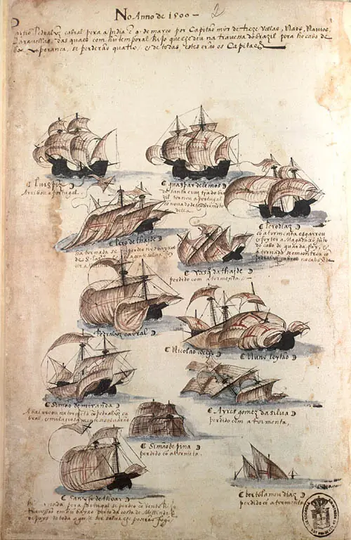 A armada de Cabral de 1500 no Livro das Armadas (c. 1568), com os navios perdidos na viagem
