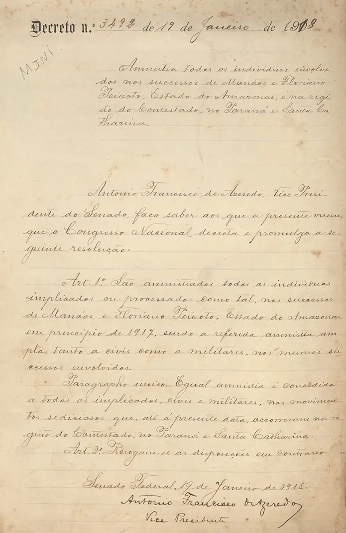 Decreto de 1918 que concede anistia aos envolvidos nos movimentos do Contestado
