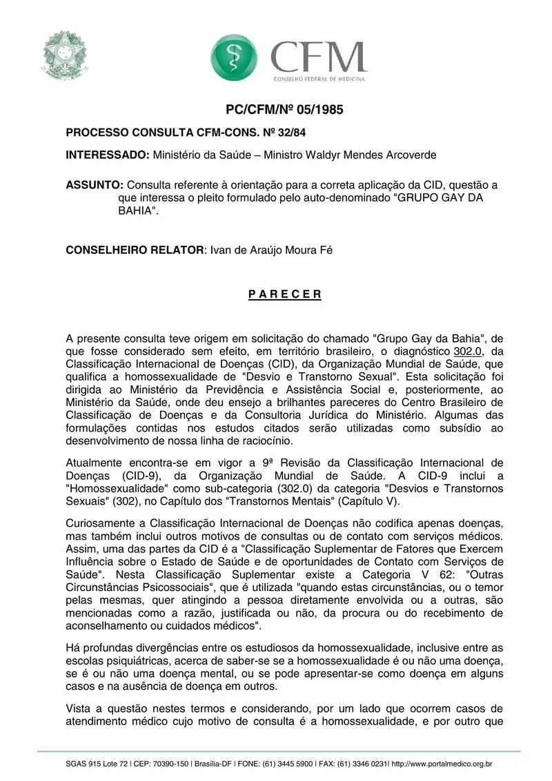 Primeira página do Parecer CFM nº 5/1985 (processo-consulta 32/84), sobre a codificação da homossexualidade na CID