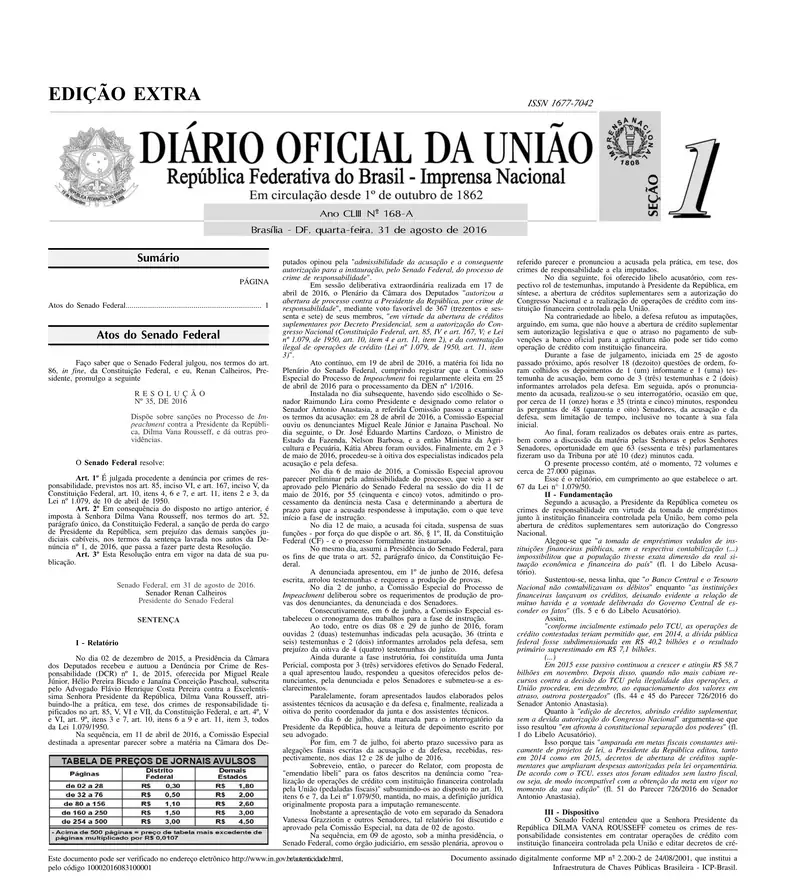 Diário Oficial da União de 31/08/2016, edição extra, Seção 1, p. 1, com a Resolução 35/2016 do Senado, que impõe a Dilma Rousseff a perda do cargo