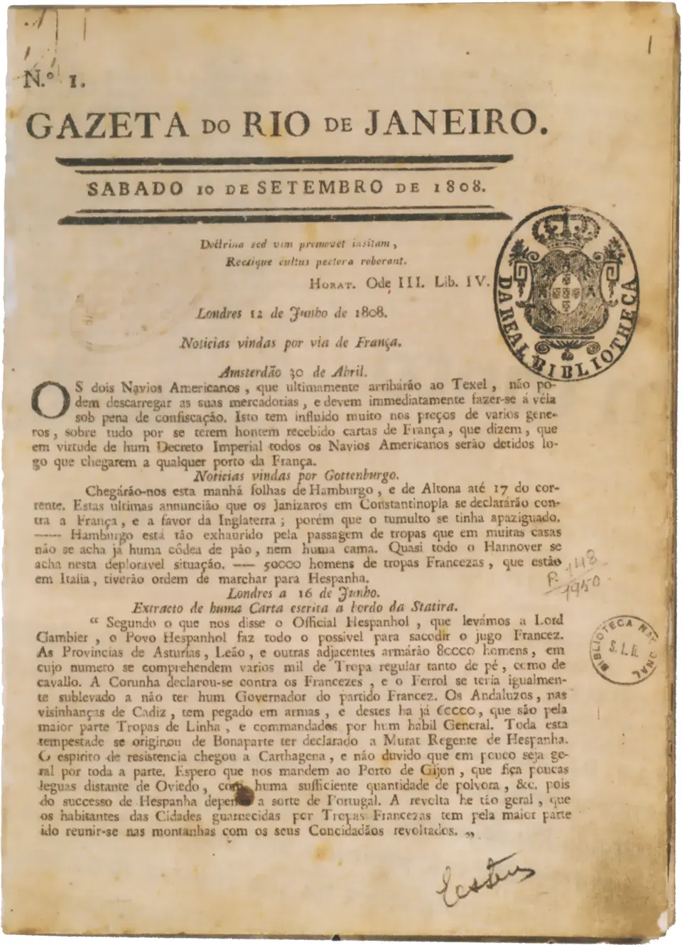 Primeira página da Gazeta do Rio de Janeiro, impressa na Impressão Régia em 1808