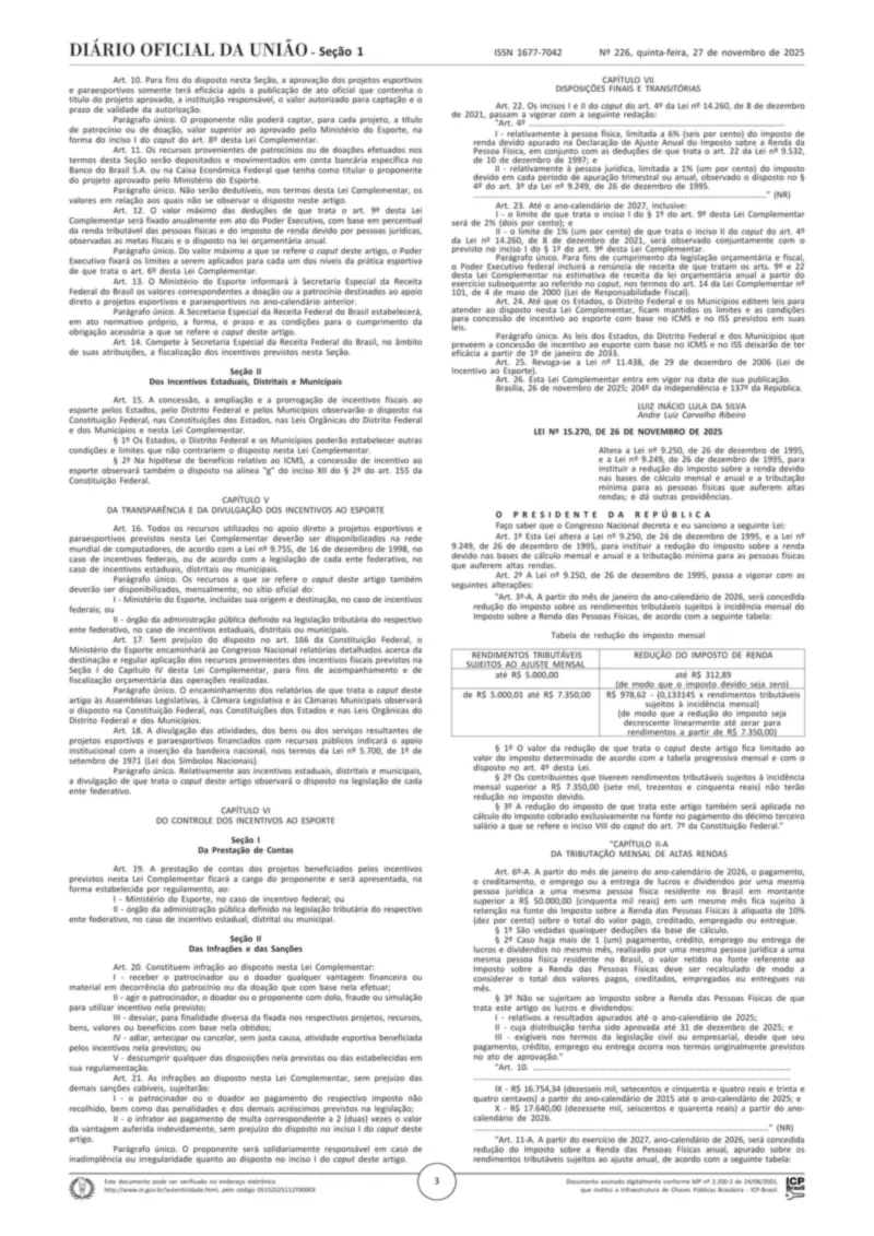 Diário Oficial da União de 27/11/2025, Seção 1, p. 3, com a Lei 15.270, de 26/11/2025 (isenção do IR até R$ 5 mil e tributação mínima das altas rendas)