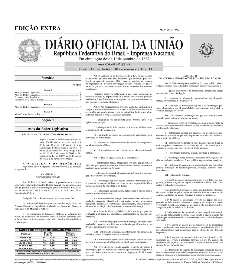 Diário Oficial da União de 18/11/2011, edição extra, Seção 1, p. 1, com a Lei 12.527 (Lei de Acesso à Informação)