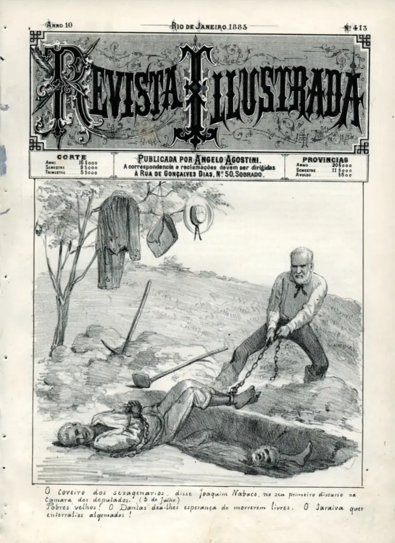 Capa da Revista Illustrada n. 413 (1885), de Angelo Agostini: “o coveiro dos sexagenários”, charge contra a Lei Saraiva-Cotegipe