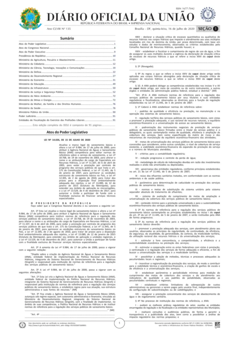 Diário Oficial da União de 16/07/2020, Seção 1, p. 1, com a Lei 14.026, o novo marco legal do saneamento