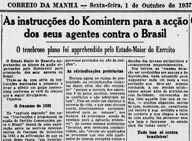 Correio da Manhã de 1º de outubro de 1937: “As instrucções do Komintern…”, o plano divulgado pelo Estado-Maior