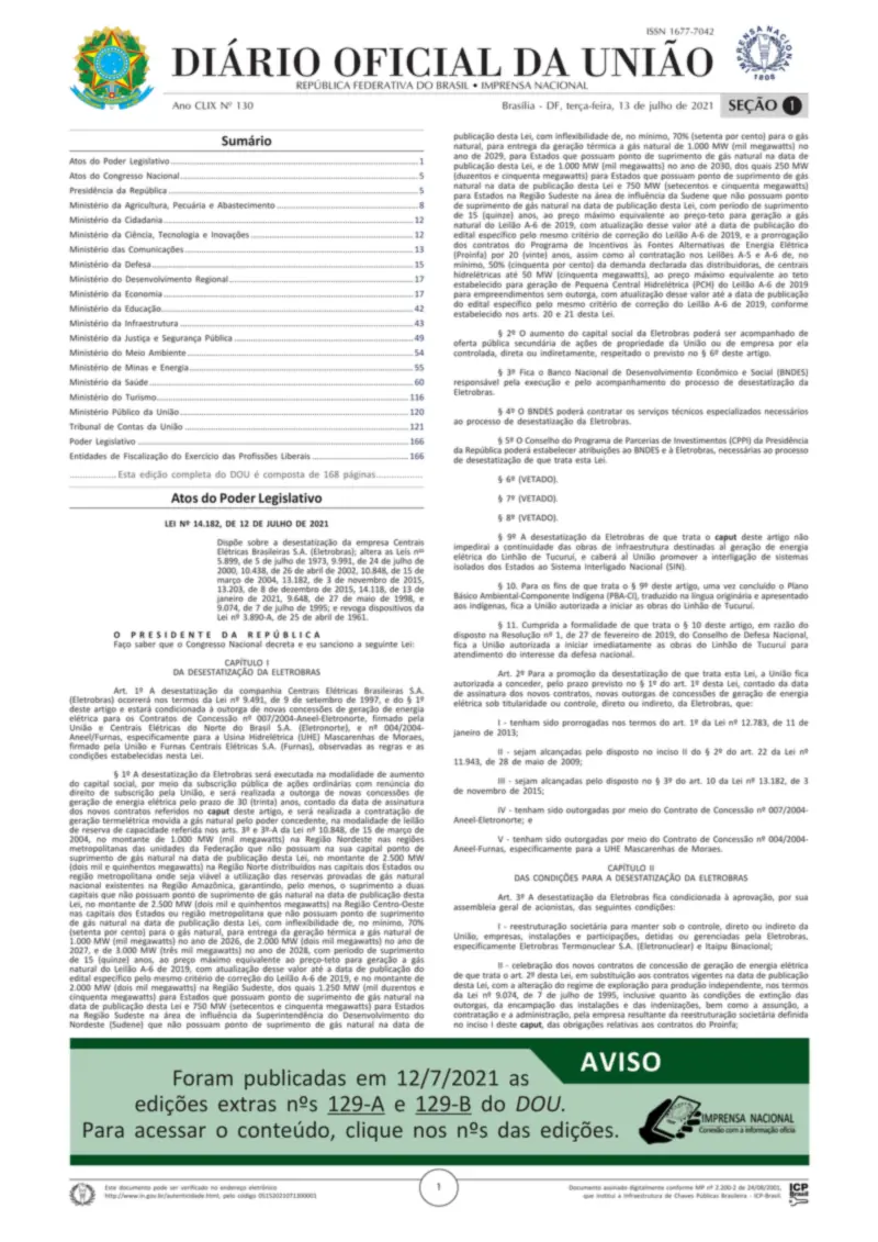 Diário Oficial da União de 13/07/2021, Seção 1, p. 1, com a Lei 14.182, a desestatização da Eletrobras
