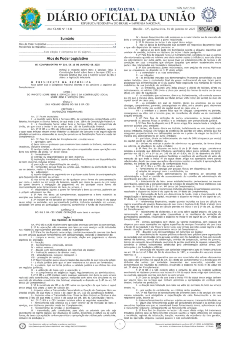 Diário Oficial da União de 16/01/2025, edição extra, Seção 1, p. 1, com a Lei Complementar 214, que regulamenta a reforma tributária