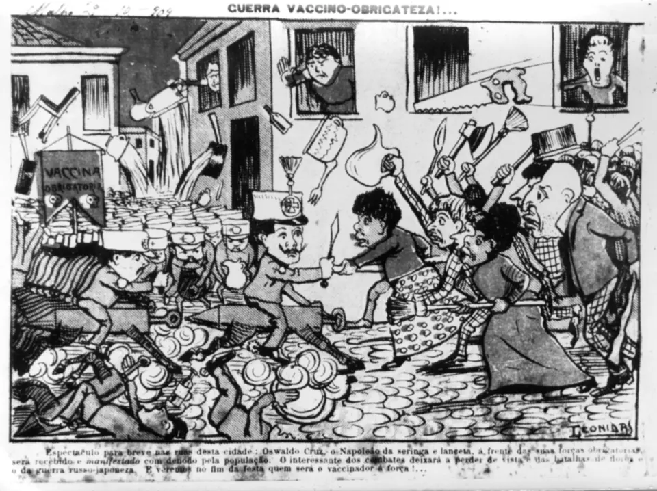 “Guerra vaccino-obrigateza”, charge de O Malho contra a vacina obrigatória (1904)