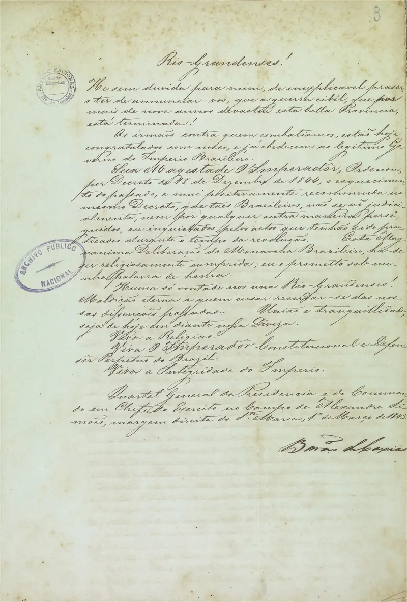 Declaração do barão de Caxias anunciando o fim da Revolução Farroupilha, 1º de março de 1845