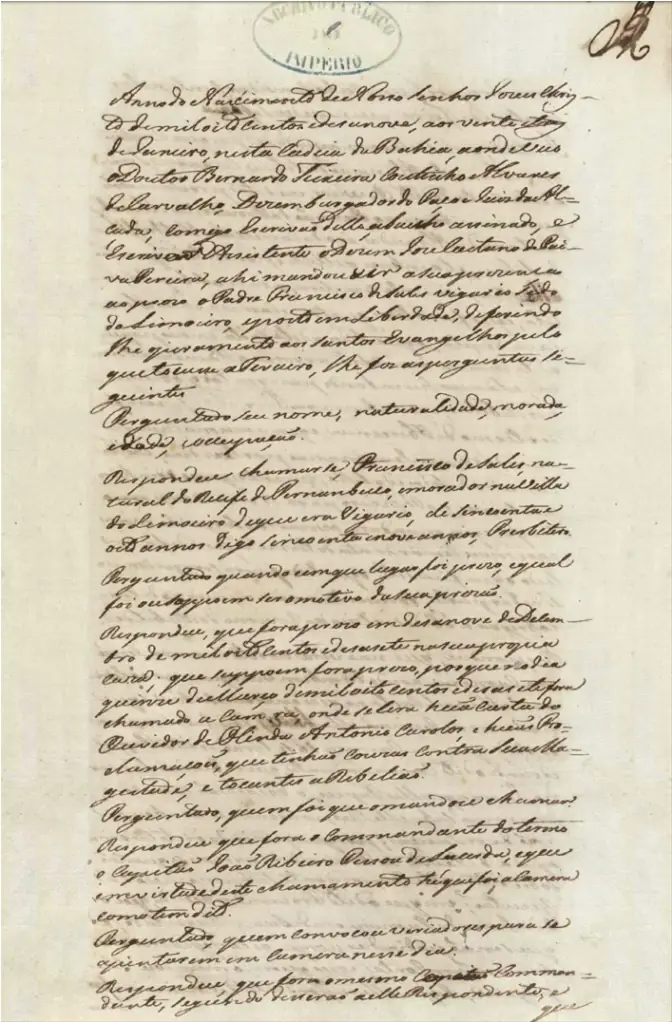 Página do processo original dos réus da rebelião de Pernambuco (1819)