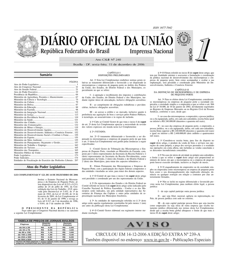 Diário Oficial da União de 15/12/2006, Seção 1, p. 1, com a publicação da Lei Complementar 123
