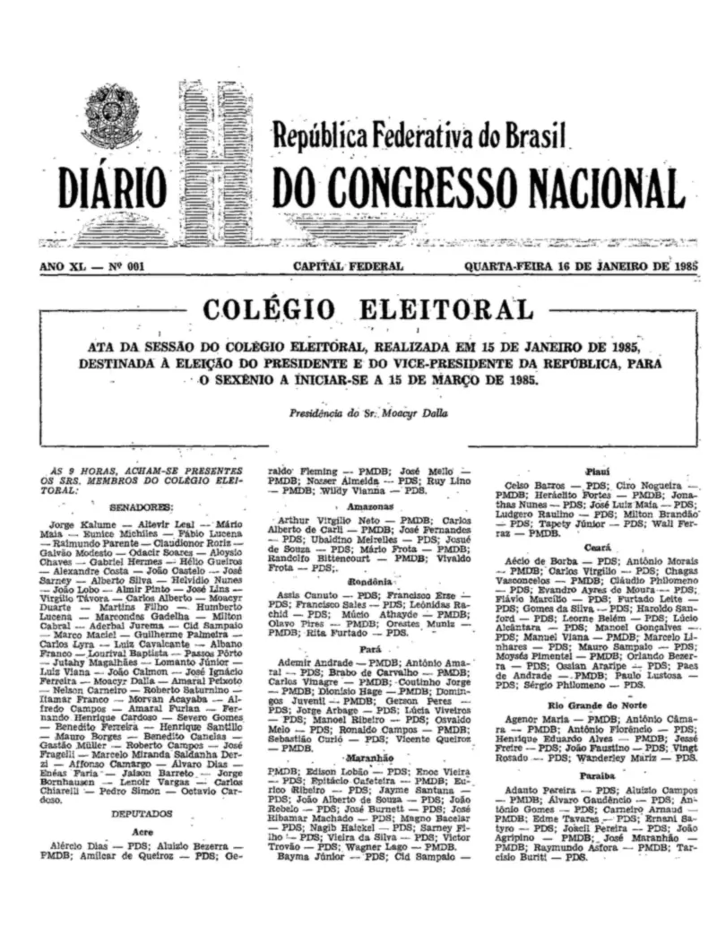 Diário do Congresso Nacional de 16/01/1985, p. 1: a ata da sessão do Colégio Eleitoral de 15 de janeiro de 1985, que elegeu Tancredo Neves e José Sarney