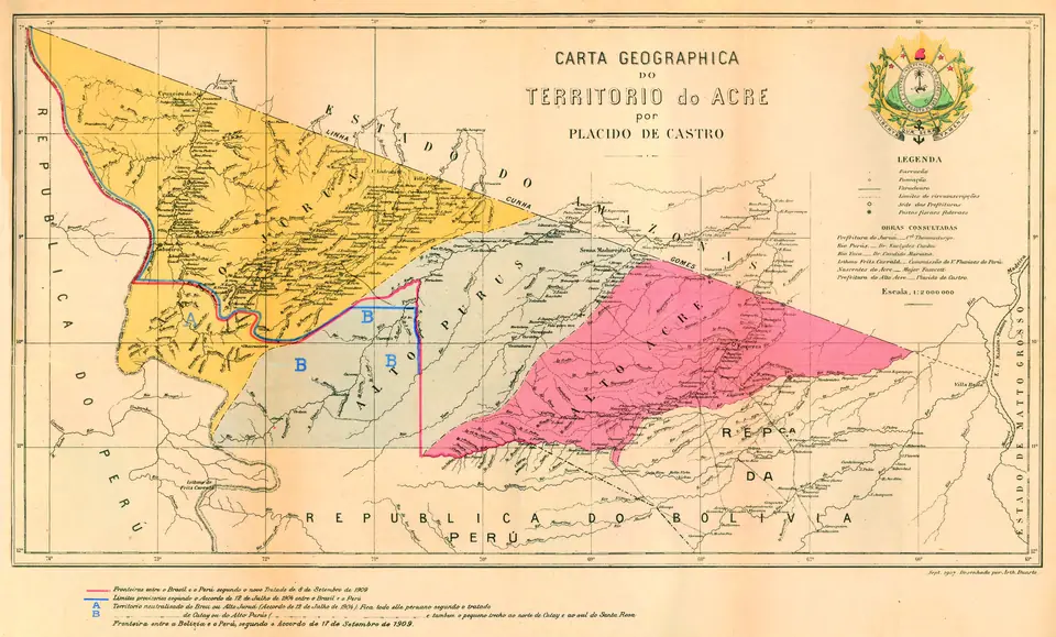 Mapa do Território do Acre comprado da Bolívia, de Plácido de Castro e do barão do Rio Branco (1907)
